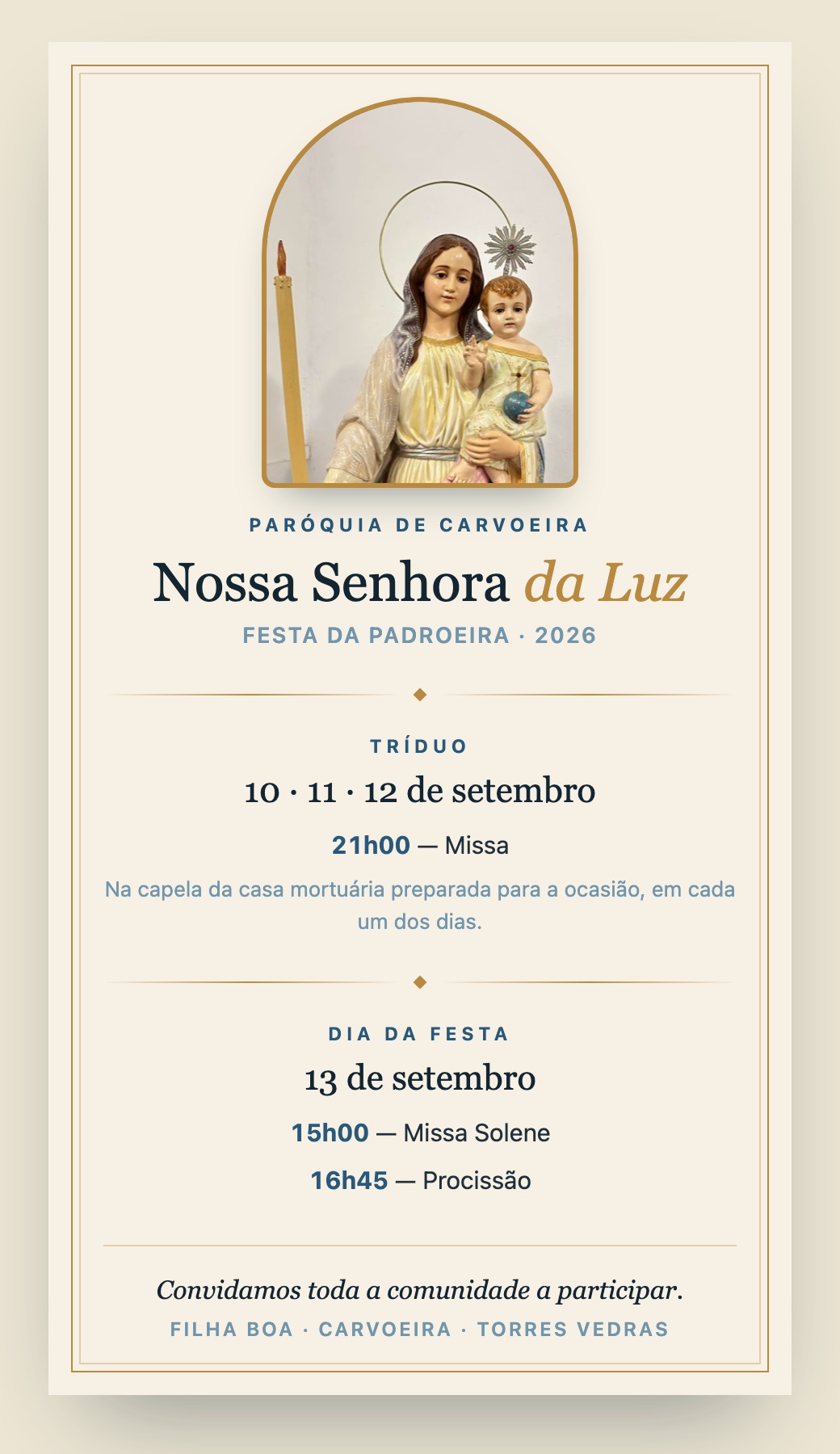 Cartaz da Festa de Nossa Senhora da Luz 2026: Tríduo nos dias 10, 11 e 12 de setembro às 21h00, e Festa no dia 13 de setembro com Missa Solene às 15h00 e Procissão às 16h45