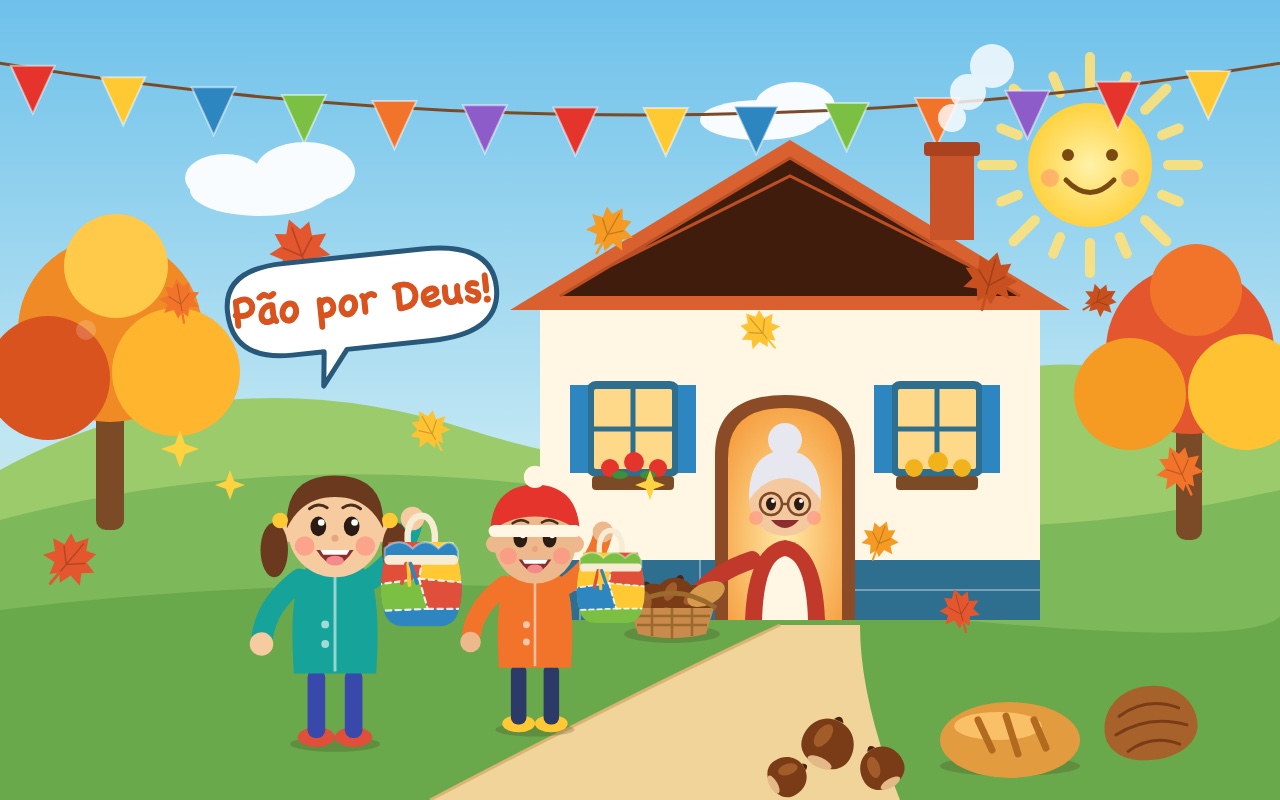 Ilustração: duas crianças com saquinhos de pano coloridos pedem Pão por Deus à porta de uma avó simpática, numa aldeia de outono